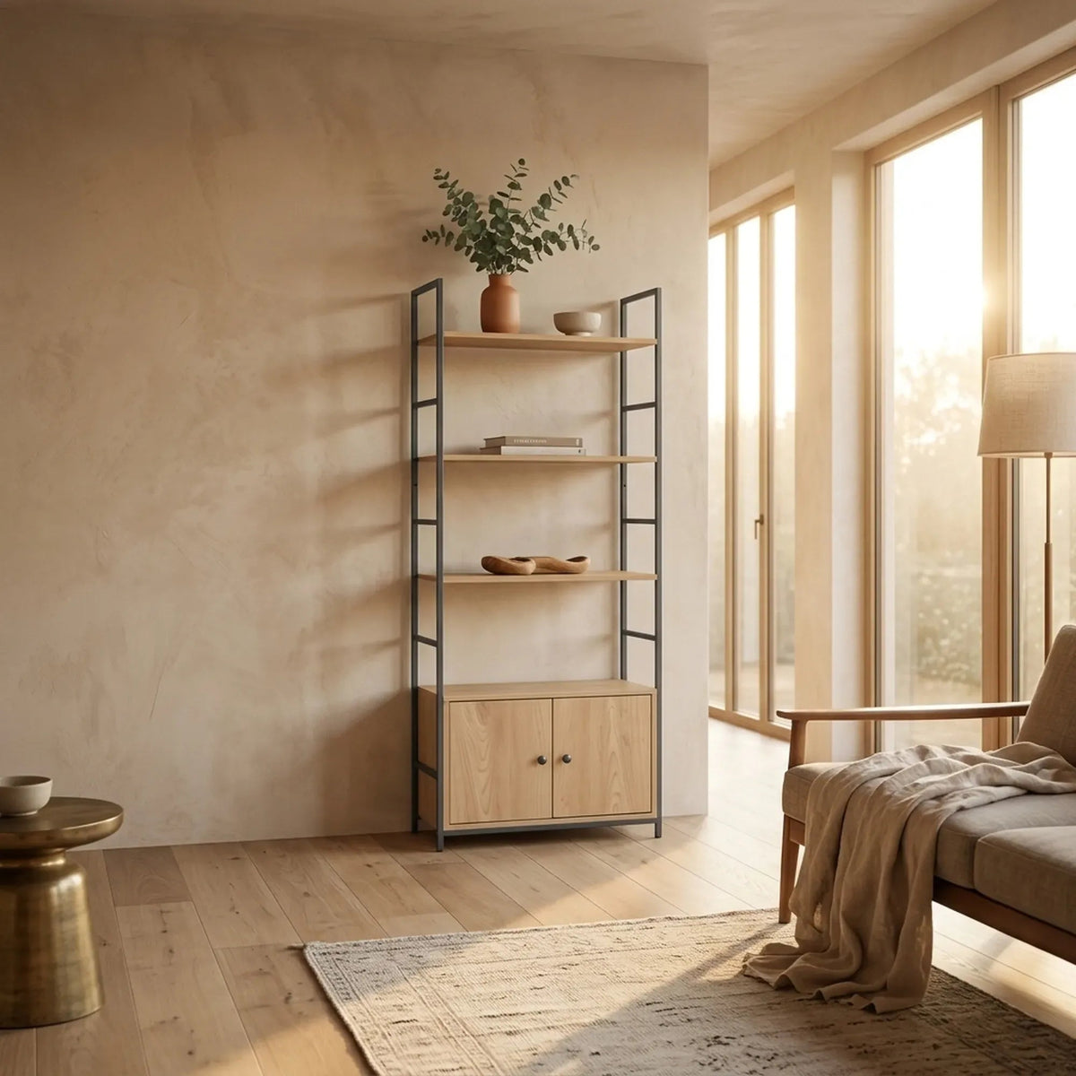 Bookcase with 4 Shelves and Cabinet Storage - Brown Oak - Furniture > Living Room > Bookcases & Shelves - Rivercity House & Home Co. (ABN 18 642 972 209) - Affordable Modern Furniture Australia