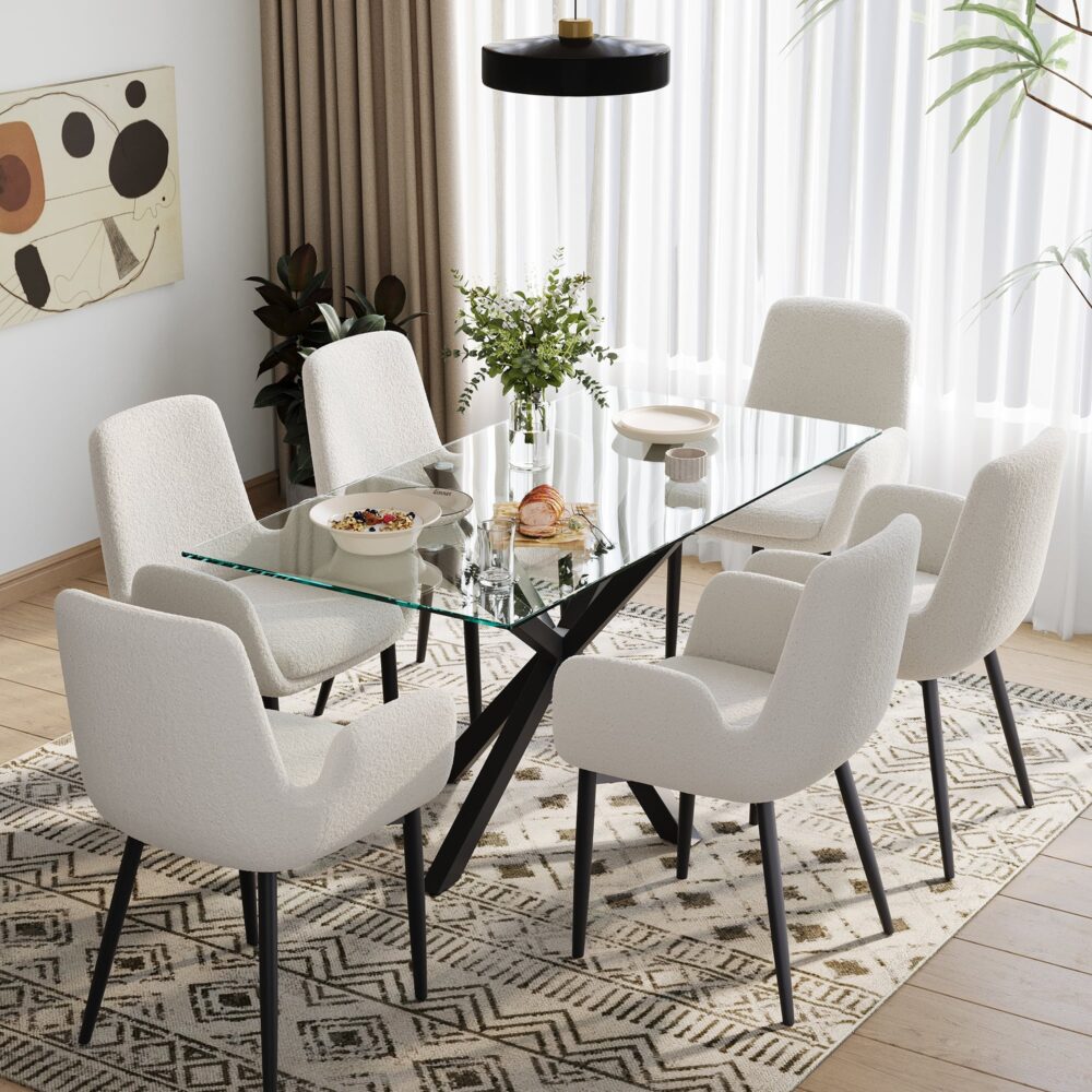 Boucle Teddy Sherpa Fabric Armrest Dining Chair Set - Black Metal Legs - Furniture > Dining > Kitchen & Dining Chairs - Rivercity House & Home Co. (ABN 18 642 972 209) - Affordable Modern Furniture Australia