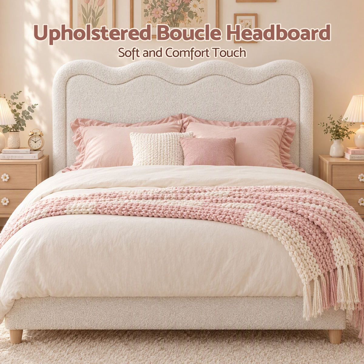 Boucle Upholstered Queen Size Wavy Bed Head - Beige - Furniture > Bedroom > Headboards - Rivercity House & Home Co. (ABN 18 642 972 209) - Affordable Modern Furniture Australia
