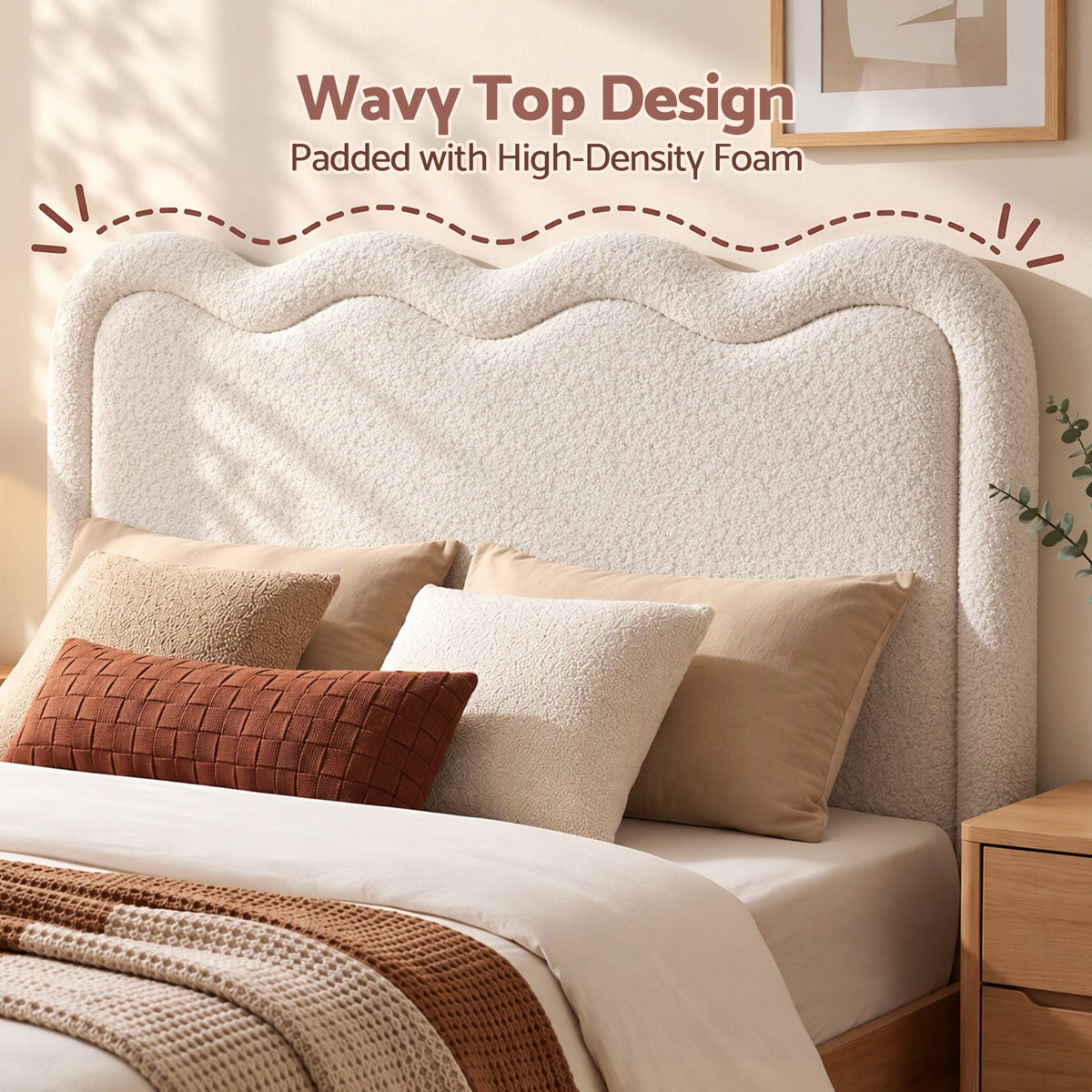 Boucle Upholstered Queen Size Wavy Bed Head - Beige - Furniture > Bedroom > Headboards - Rivercity House & Home Co. (ABN 18 642 972 209) - Affordable Modern Furniture Australia