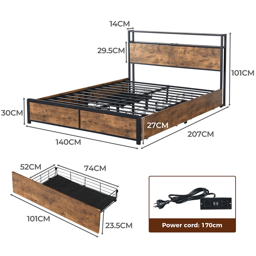 Brax LED Storage Double Bed Frame with USB & Power Outlets – Brown - Rivercity House & Home Co. (ABN 18 642 972 209) - Affordable Modern Furniture Australia