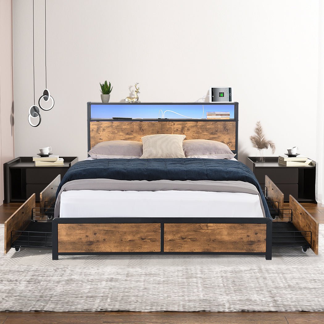 Brax LED Storage Double Bed Frame with USB & Power Outlets – Brown - Rivercity House & Home Co. (ABN 18 642 972 209) - Affordable Modern Furniture Australia