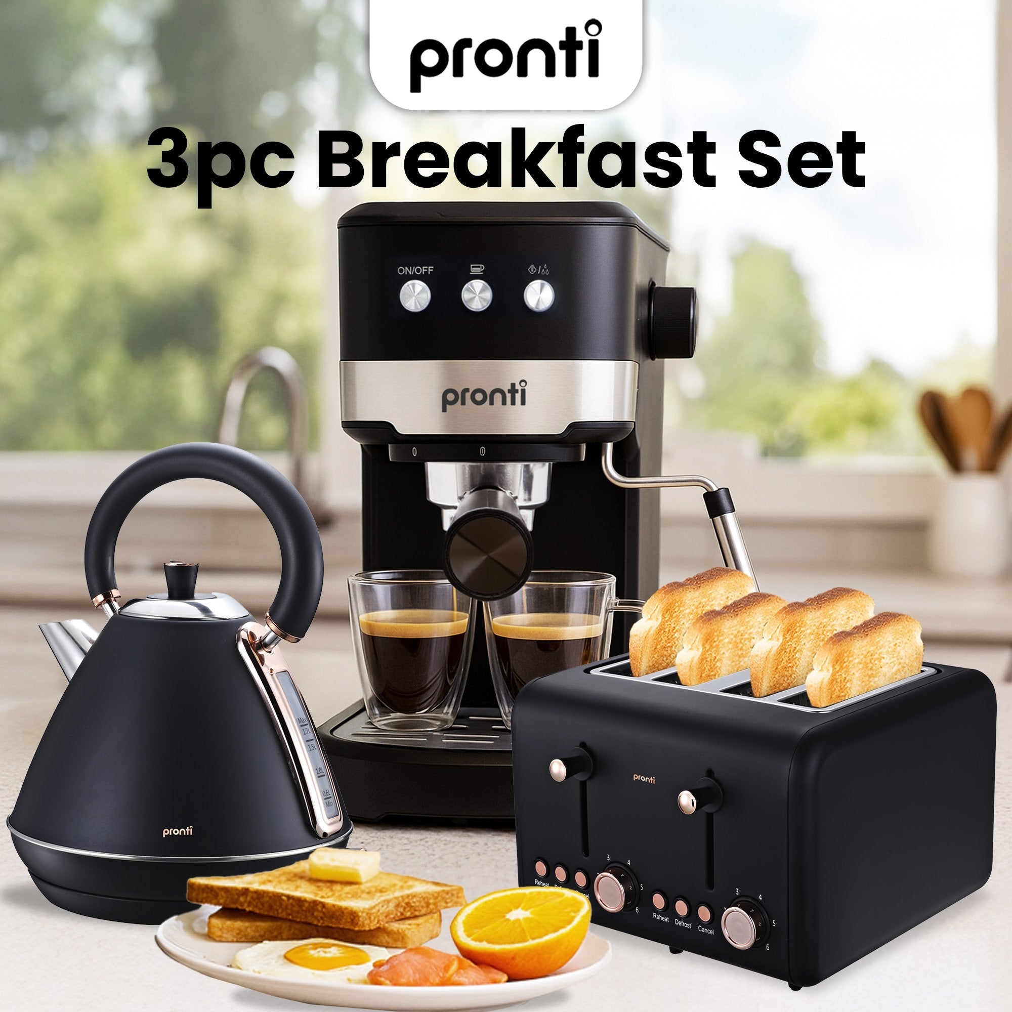 Breakfast Set with Rose Gold Kettle & Toaster with 1.2L Espresso Machine - Black - Appliances > Kitchen Appliances > Coffee Machines & Accessories - Rivercity House & Home Co. (ABN 18 642 972 209) - Affordable Modern Furniture Australia