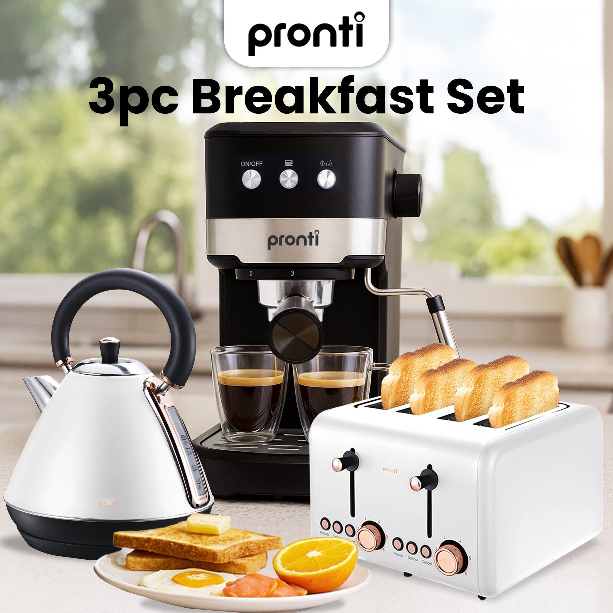 Breakfast Set with Rose Gold Kettle & Toaster with 1.2L Espresso Machine - White - Appliances > Kitchen Appliances > Coffee Machines & Accessories - Rivercity House & Home Co. (ABN 18 642 972 209) - Affordable Modern Furniture Australia
