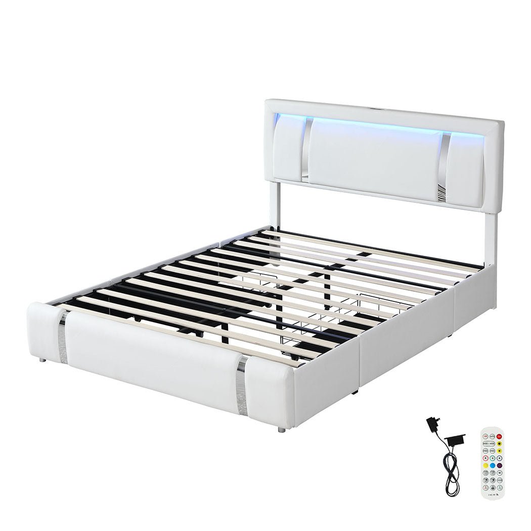 Brighton LED Storage Double Bed Frame with USB Charging - White - Rivercity House & Home Co. (ABN 18 642 972 209) - Affordable Modern Furniture Australia