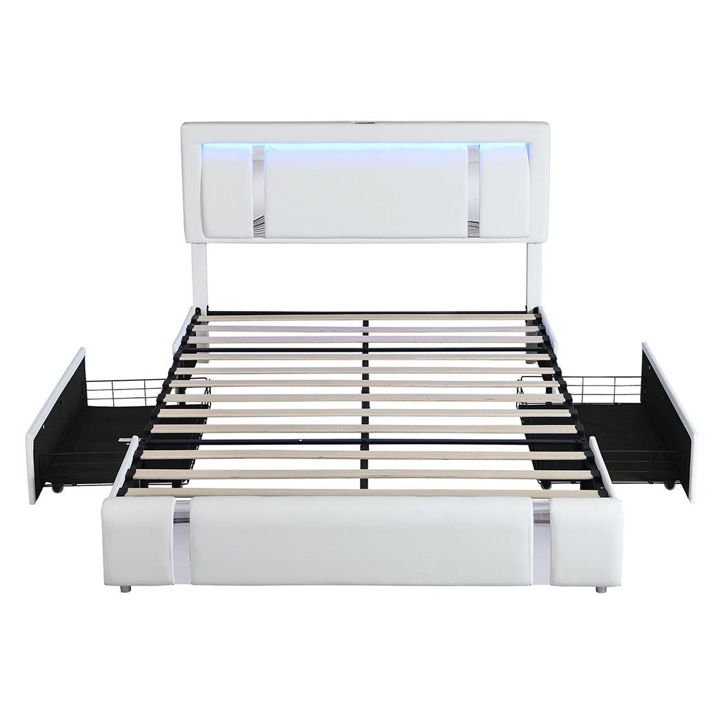 Brighton LED Storage Double Bed Frame with USB Charging - White - Rivercity House & Home Co. (ABN 18 642 972 209) - Affordable Modern Furniture Australia