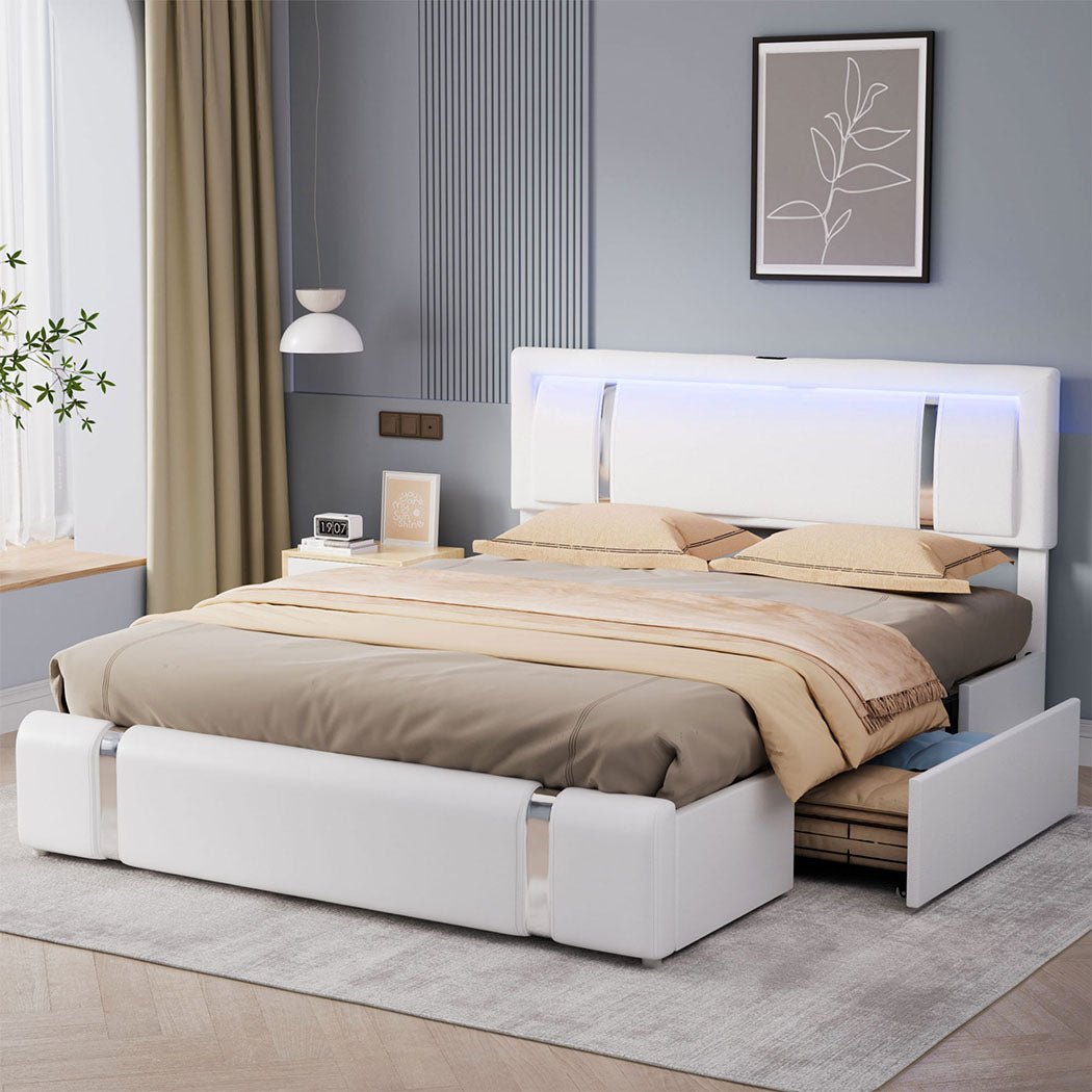 Brighton LED Storage Queen Bed Frame with USB Charging - White - Rivercity House & Home Co. (ABN 18 642 972 209) - Affordable Modern Furniture Australia