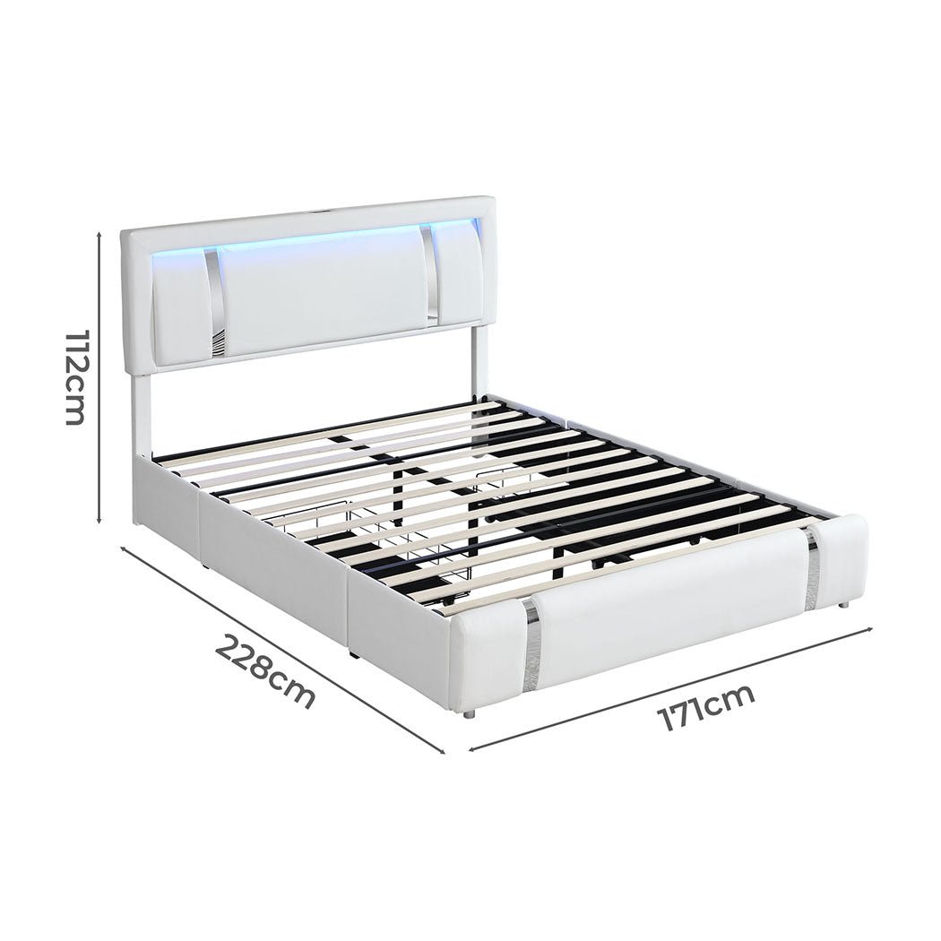 Brighton LED Storage Queen Bed Frame with USB Charging - White - Rivercity House & Home Co. (ABN 18 642 972 209) - Affordable Modern Furniture Australia