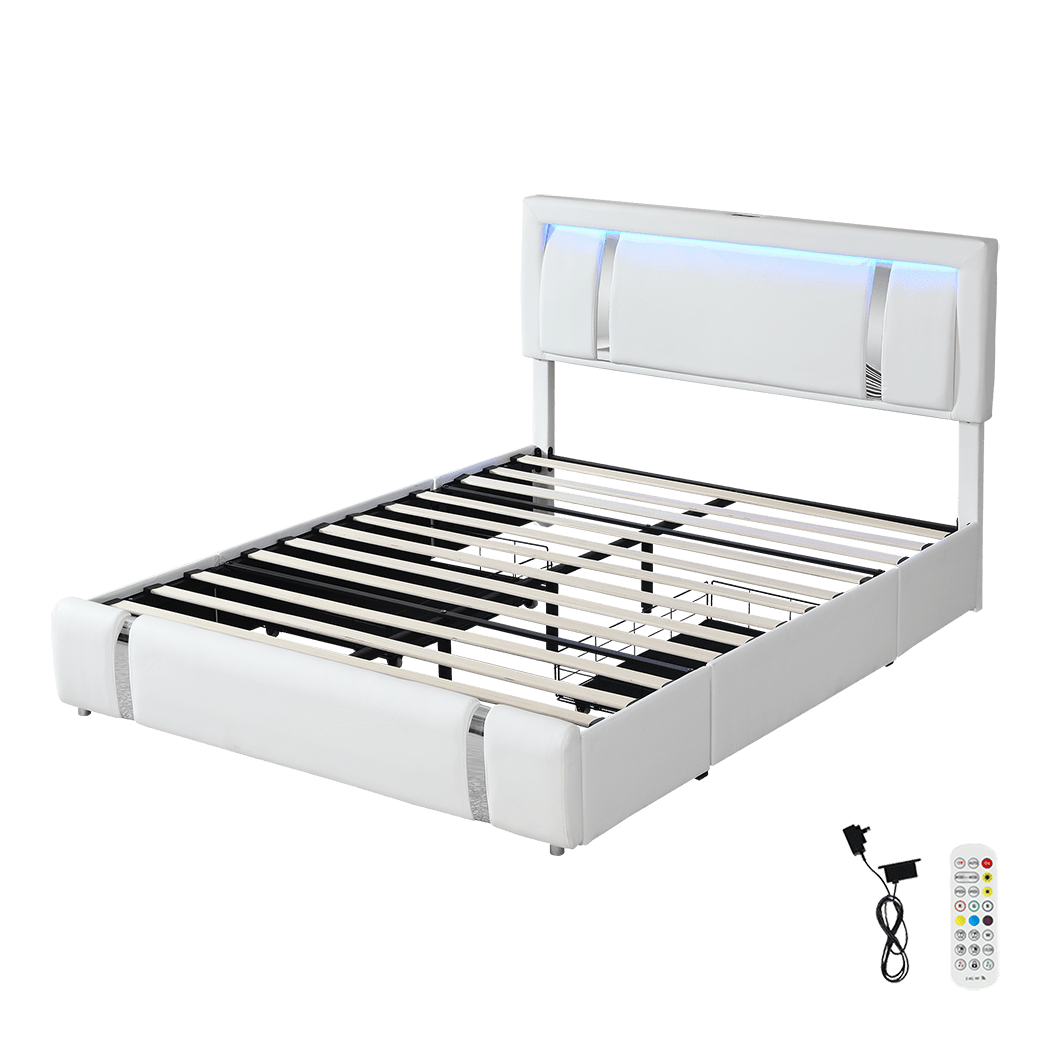 Brighton LED Storage Queen Bed Frame with USB Charging - White - Rivercity House & Home Co. (ABN 18 642 972 209) - Affordable Modern Furniture Australia