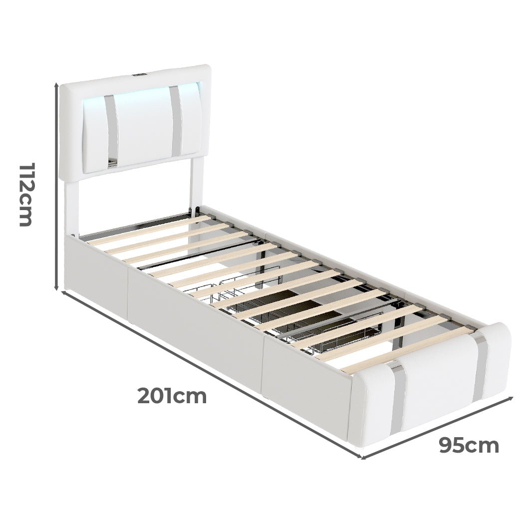 Brighton LED Storage Single Bed Frame with USB Charging - White - Rivercity House & Home Co. (ABN 18 642 972 209) - Affordable Modern Furniture Australia