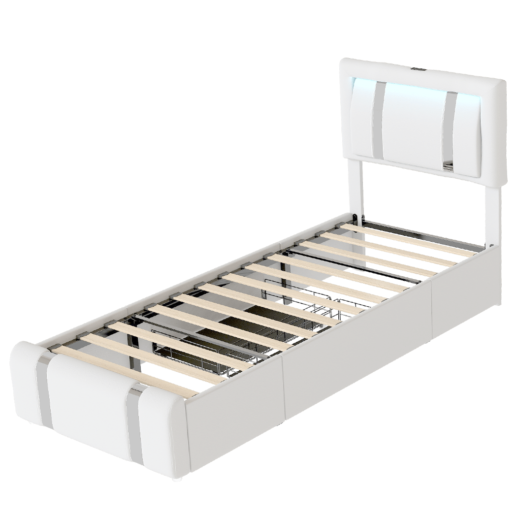 Brighton LED Storage Single Bed Frame with USB Charging - White - Rivercity House & Home Co. (ABN 18 642 972 209) - Affordable Modern Furniture Australia