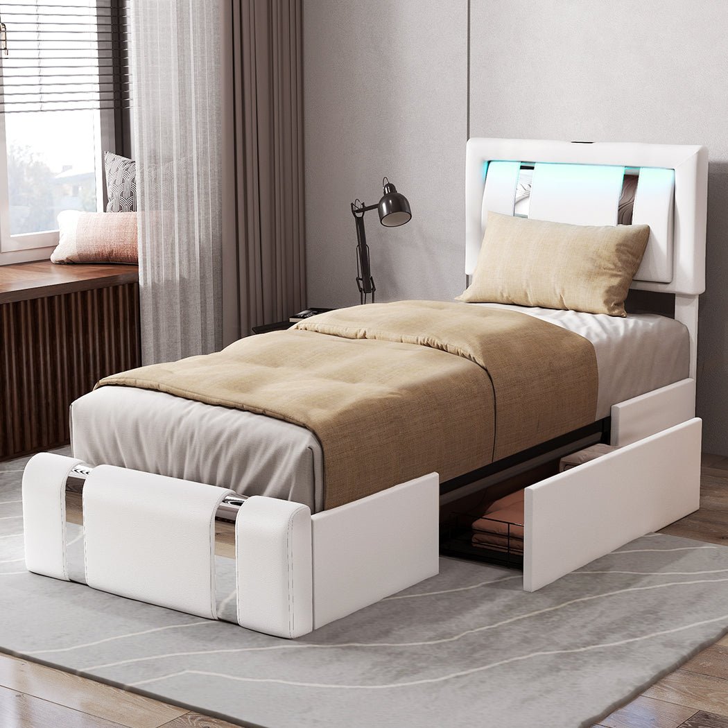 Brighton LED Storage Single Bed Frame with USB Charging - White - Rivercity House & Home Co. (ABN 18 642 972 209) - Affordable Modern Furniture Australia