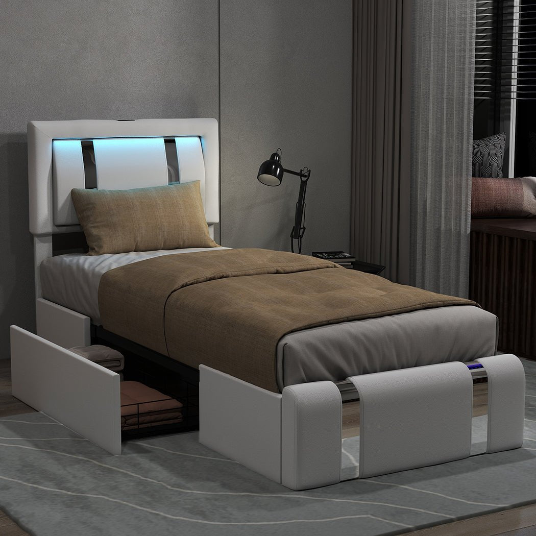 Brighton LED Storage Single Bed Frame with USB Charging - White - Rivercity House & Home Co. (ABN 18 642 972 209) - Affordable Modern Furniture Australia