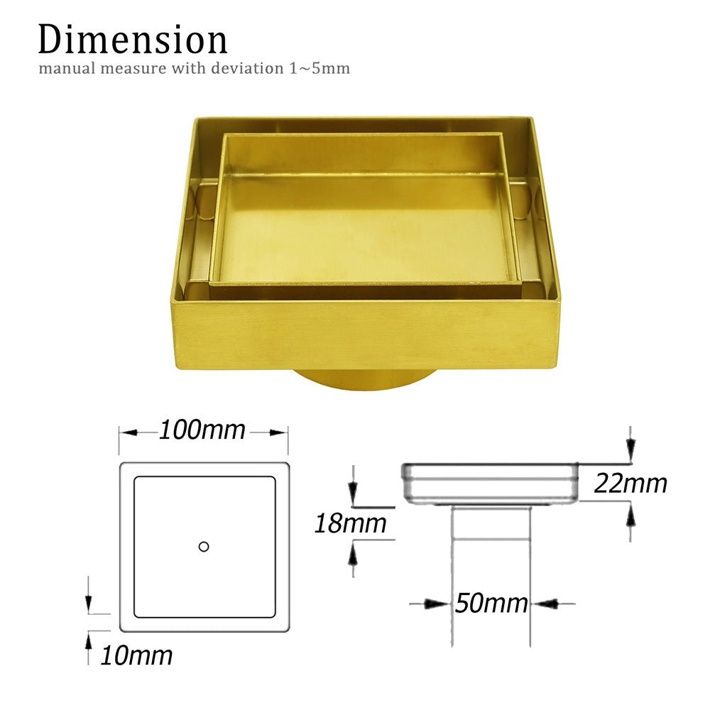 Brushed Gold 100mm Square Tile Insert Floor Drain Tiny Shower Grate 50mm Waste - Furniture > Bathroom > Shower Heads & Screens - Rivercity House & Home Co. (ABN 18 642 972 209) - Affordable Modern Furniture Australia