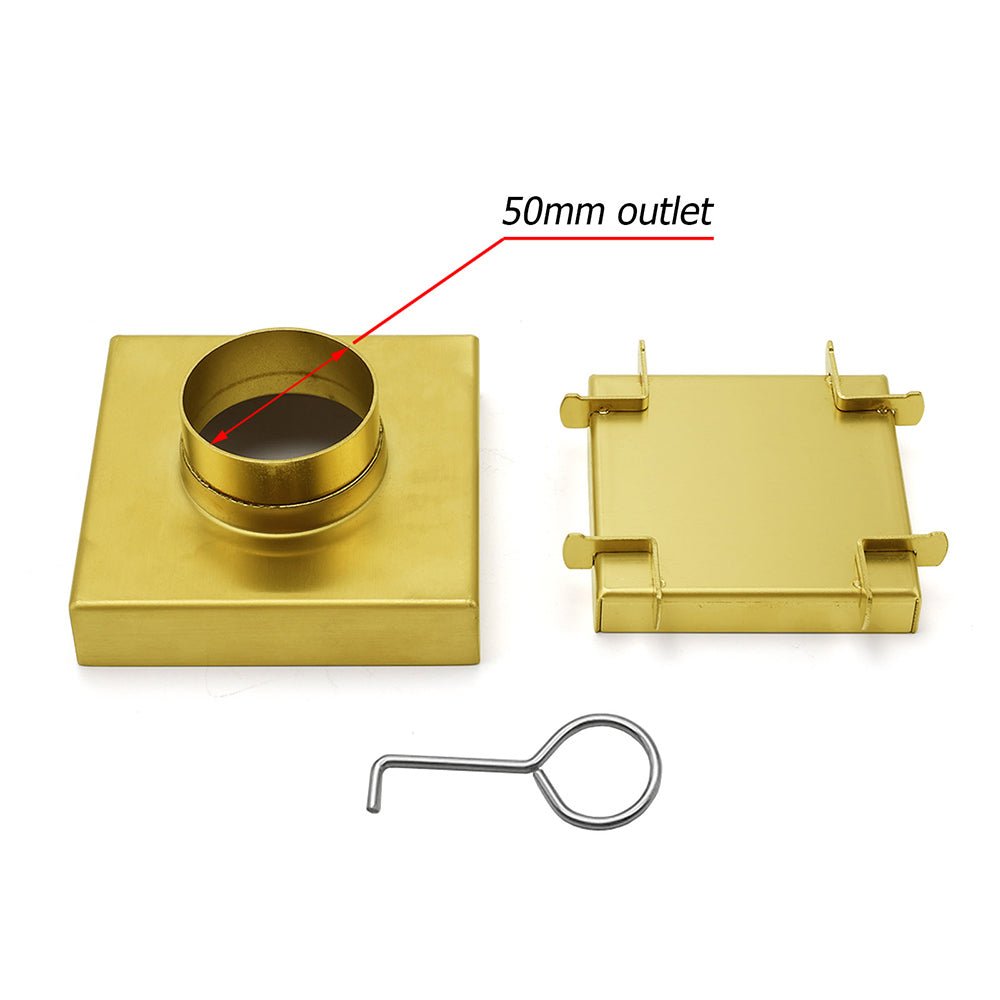 Brushed Gold 100mm Square Tile Insert Floor Drain Tiny Shower Grate 50mm Waste - Furniture > Bathroom > Shower Heads & Screens - Rivercity House & Home Co. (ABN 18 642 972 209) - Affordable Modern Furniture Australia