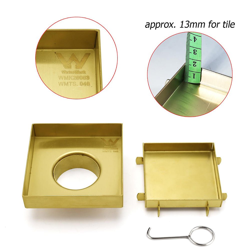 Brushed Gold 100mm Square Tile Insert Floor Drain Tiny Shower Grate 50mm Waste - Furniture > Bathroom > Shower Heads & Screens - Rivercity House & Home Co. (ABN 18 642 972 209) - Affordable Modern Furniture Australia