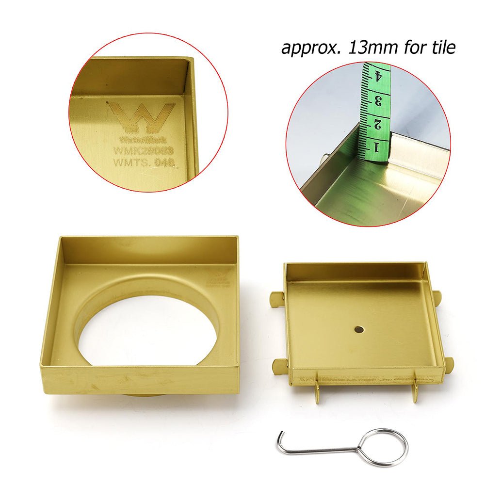 Brushed Gold 100x100mm Tile Insert Floor Drain Square Shower Grate 80mm Waste - Furniture > Bathroom > Shower Heads & Screens - Rivercity House & Home Co. (ABN 18 642 972 209) - Affordable Modern Furniture Australia