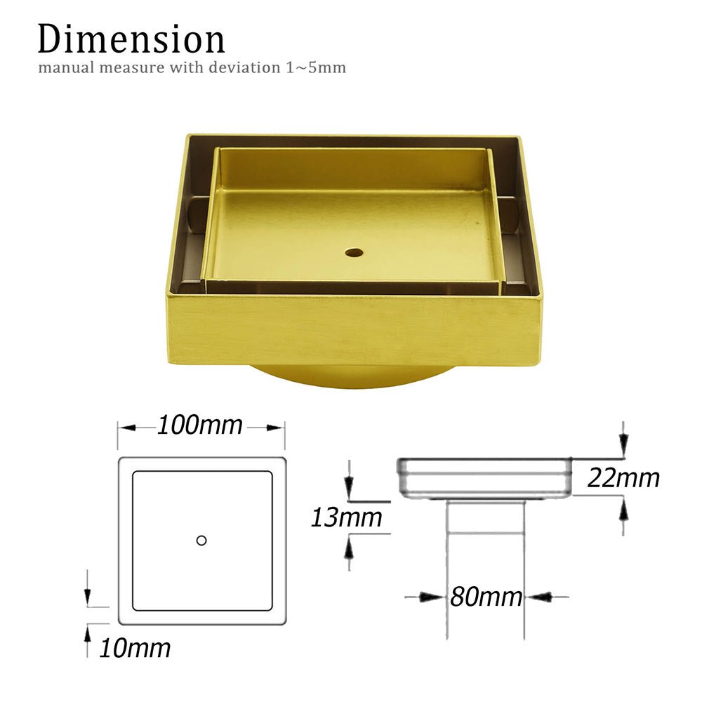 Brushed Gold 100x100mm Tile Insert Floor Drain Square Shower Grate 80mm Waste - Furniture > Bathroom > Shower Heads & Screens - Rivercity House & Home Co. (ABN 18 642 972 209) - Affordable Modern Furniture Australia
