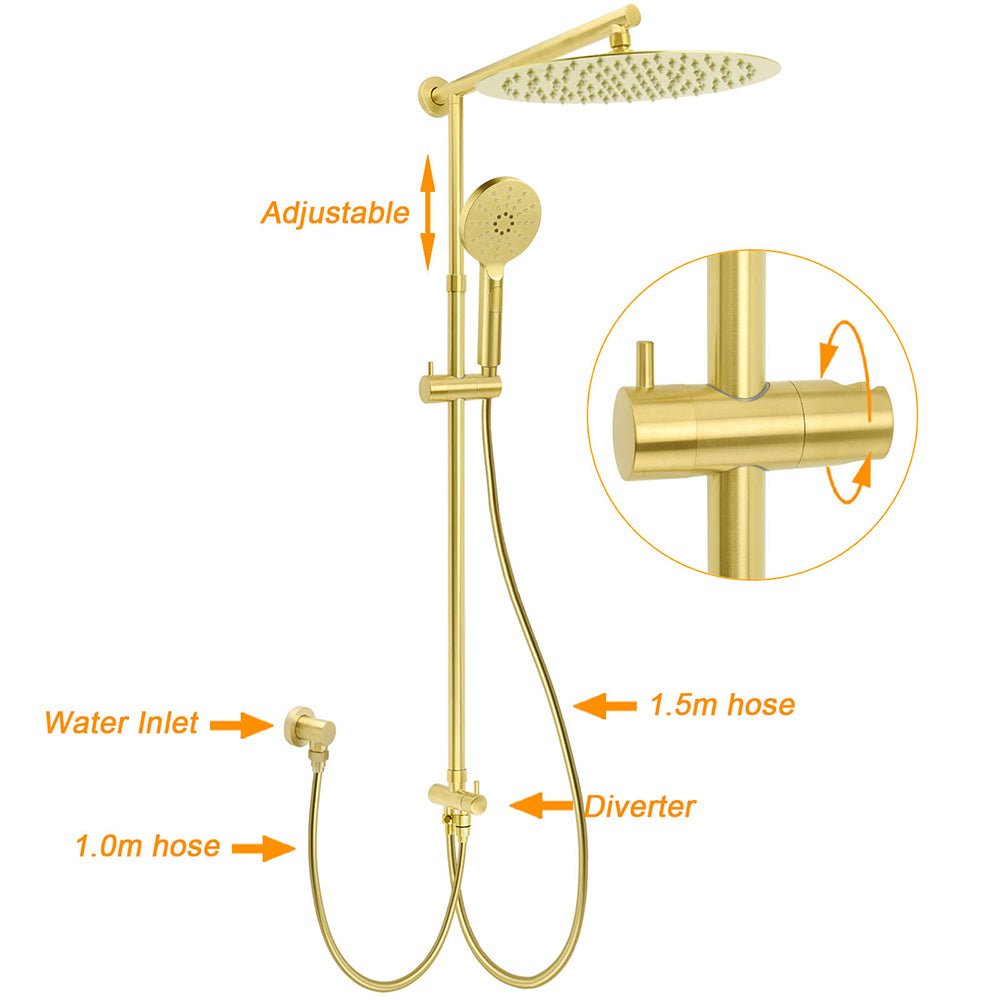 Brushed Gold 12" Large Shower Head 3 Mode Handheld Rose Sliding Rail Arm Round Mixer Set - Furniture > Bathroom > Shower Heads & Screens - Rivercity House & Home Co. (ABN 18 642 972 209) - Affordable Modern Furniture Australia