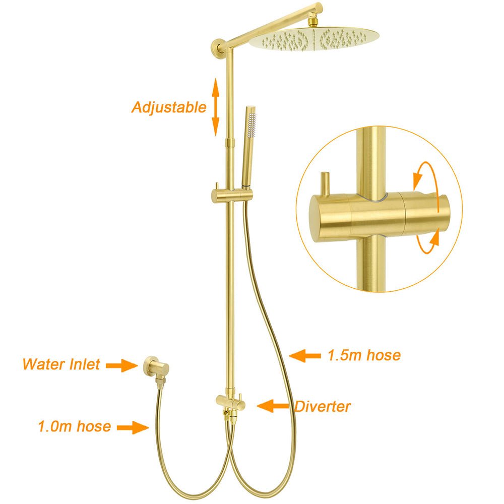 Brushed Gold 12" Large Shower Head One Spray Mode Handheld Rose Sliding Rail Arm Round Mixer Set - Furniture > Bathroom > Shower Heads & Screens - Rivercity House & Home Co. (ABN 18 642 972 209) - Affordable Modern Furniture Australia