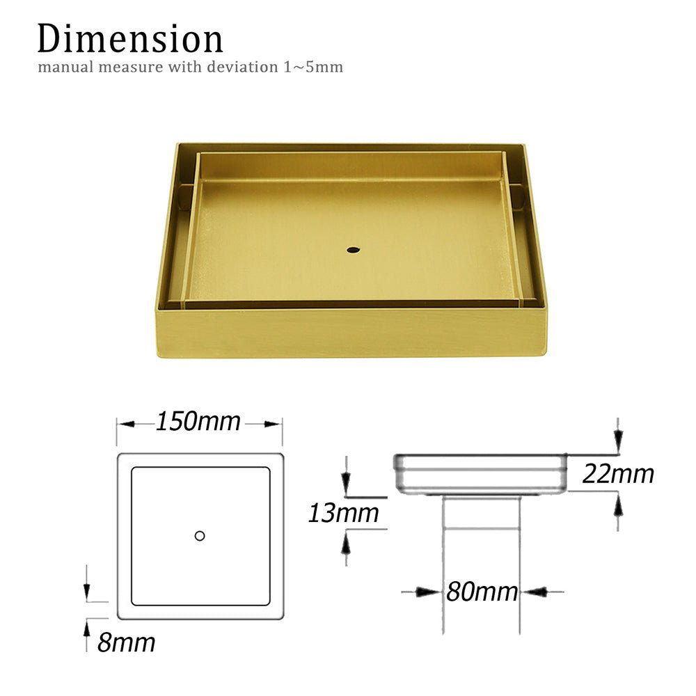 Brushed Gold 150x150mm Tile Insert Floor Drain Shower Grate 80mm Waste Watermark - Furniture > Bathroom > Shower Heads & Screens - Rivercity House & Home Co. (ABN 18 642 972 209) - Affordable Modern Furniture Australia
