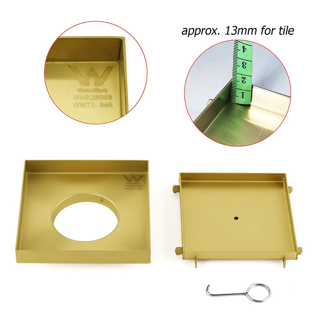 Brushed Gold 150x150mm Tile Insert Floor Drain Shower Grate 80mm Waste Watermark - Furniture > Bathroom > Shower Heads & Screens - Rivercity House & Home Co. (ABN 18 642 972 209) - Affordable Modern Furniture Australia
