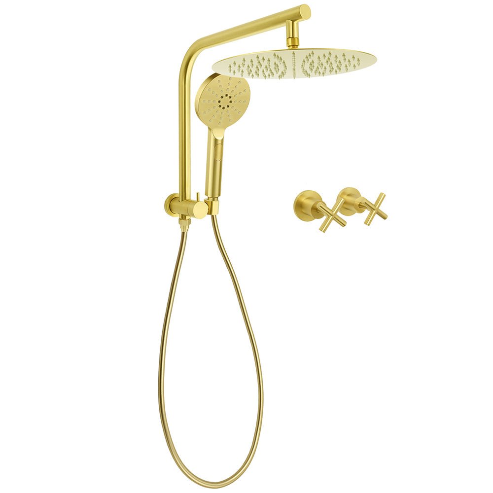 Brushed Gold 2in1 Round Large 12" Rain Shower Head 3 Mode Handheld Wall Arm Bath Mixer - Furniture > Bathroom > Shower Heads & Screens - Rivercity House & Home Co. (ABN 18 642 972 209) - Affordable Modern Furniture Australia