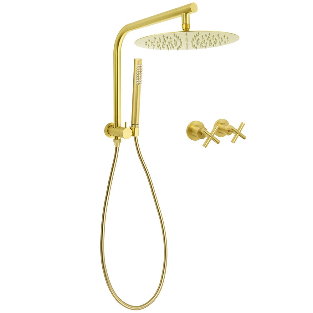 Brushed Gold 2in1 Round Large 12" Rainfall Shower Head Metal Handheld Wall Arm Bath Mixer - Furniture > Bathroom > Shower Heads & Screens - Rivercity House & Home Co. (ABN 18 642 972 209) - Affordable Modern Furniture Australia