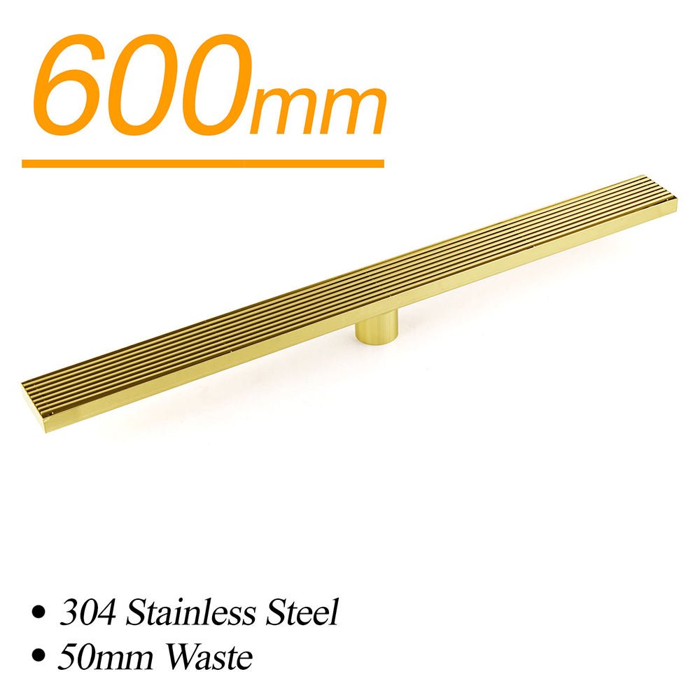 Brushed Gold 304 SUS 600mm Strip Fence Sword Shower Grate Floor Drain 50mm Waste - Furniture > Bathroom > Shower Heads & Screens - Rivercity House & Home Co. (ABN 18 642 972 209) - Affordable Modern Furniture Australia