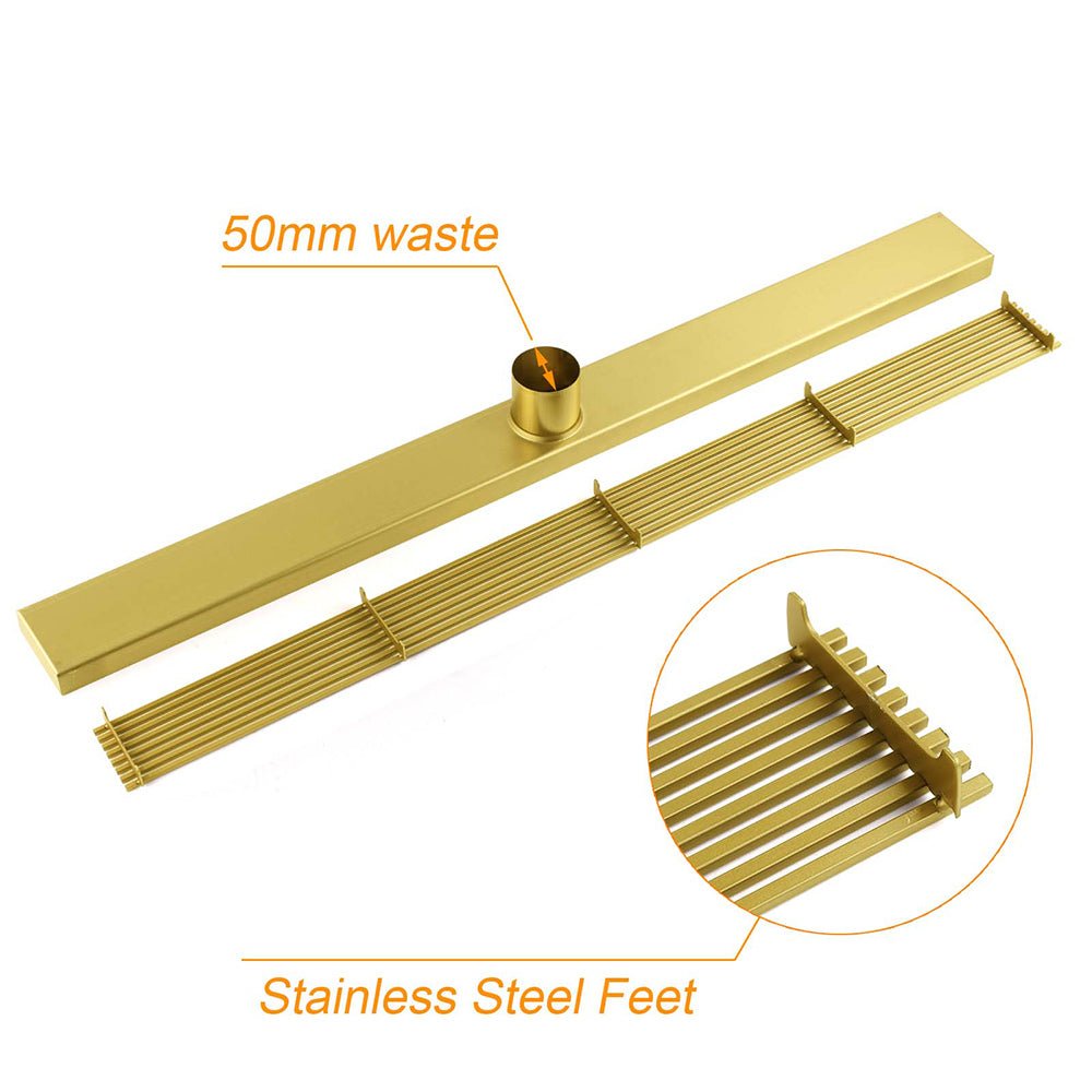 Brushed Gold 304 SUS 600mm Strip Fence Sword Shower Grate Floor Drain 50mm Waste - Furniture > Bathroom > Shower Heads & Screens - Rivercity House & Home Co. (ABN 18 642 972 209) - Affordable Modern Furniture Australia