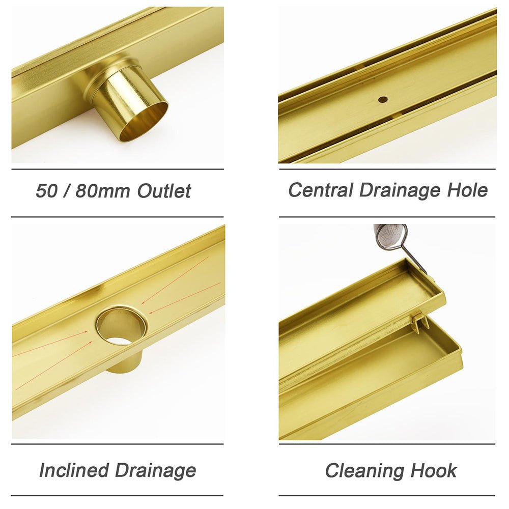 Brushed Gold 304SUS 800mm Tile Insert Shower Grate Floor Drain 50mm Waste Outlet - Furniture > Bathroom > Shower Heads & Screens - Rivercity House & Home Co. (ABN 18 642 972 209) - Affordable Modern Furniture Australia