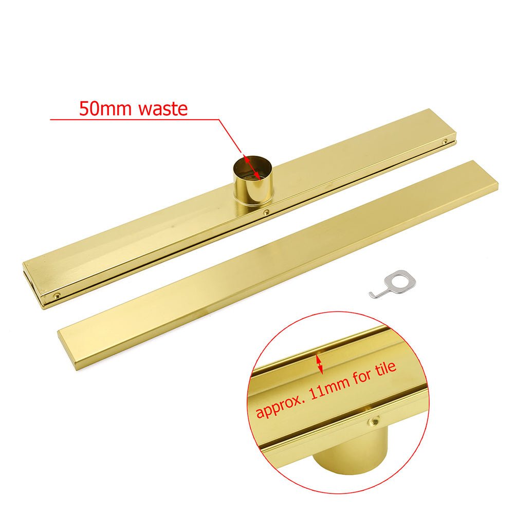 Brushed Gold 600mm Tile Insert Linear Shower Grate Floor Drain 50mm Outlet Waste - Furniture > Bathroom > Shower Heads & Screens - Rivercity House & Home Co. (ABN 18 642 972 209) - Affordable Modern Furniture Australia