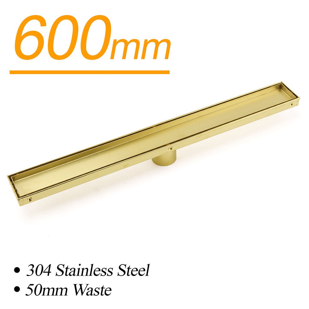 Brushed Gold 600mm Tile Insert Linear Shower Grate Floor Drain 50mm Outlet Waste - Furniture > Bathroom > Shower Heads & Screens - Rivercity House & Home Co. (ABN 18 642 972 209) - Affordable Modern Furniture Australia