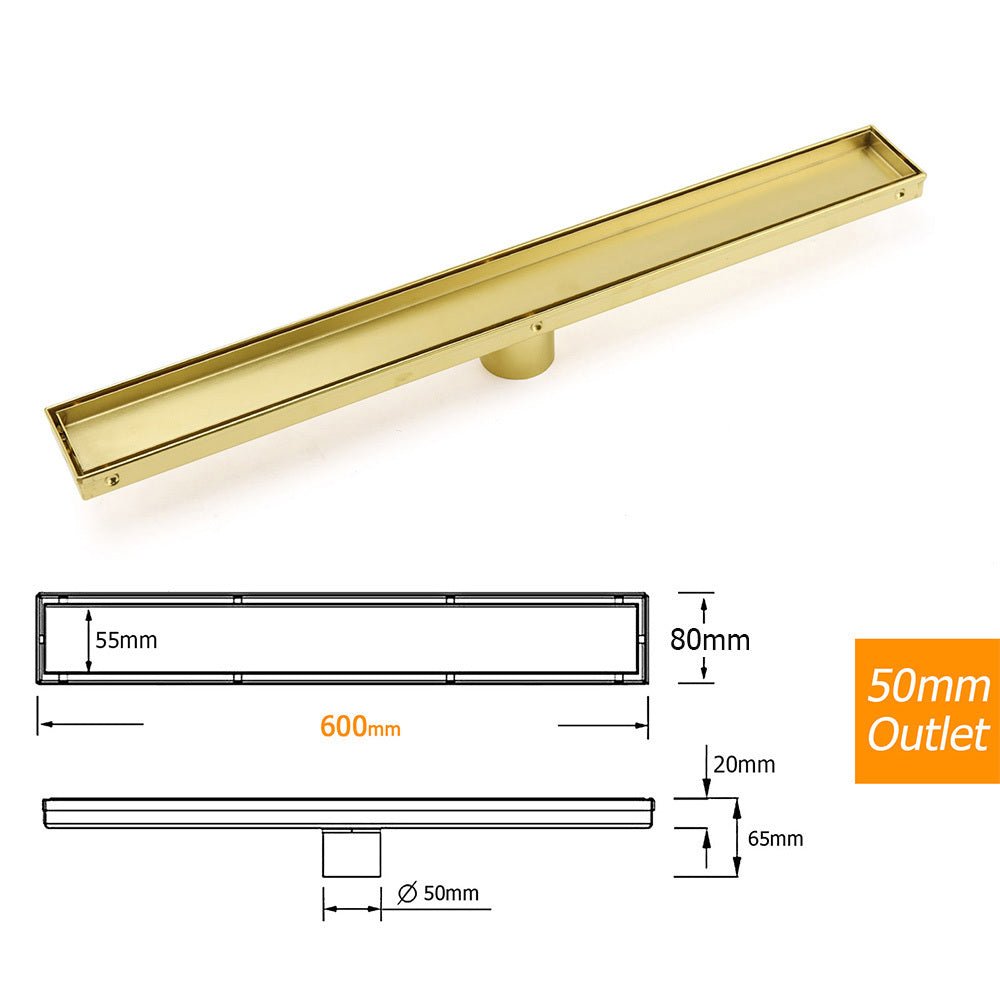 Brushed Gold 600mm Tile Insert Linear Shower Grate Floor Drain 50mm Outlet Waste - Furniture > Bathroom > Shower Heads & Screens - Rivercity House & Home Co. (ABN 18 642 972 209) - Affordable Modern Furniture Australia