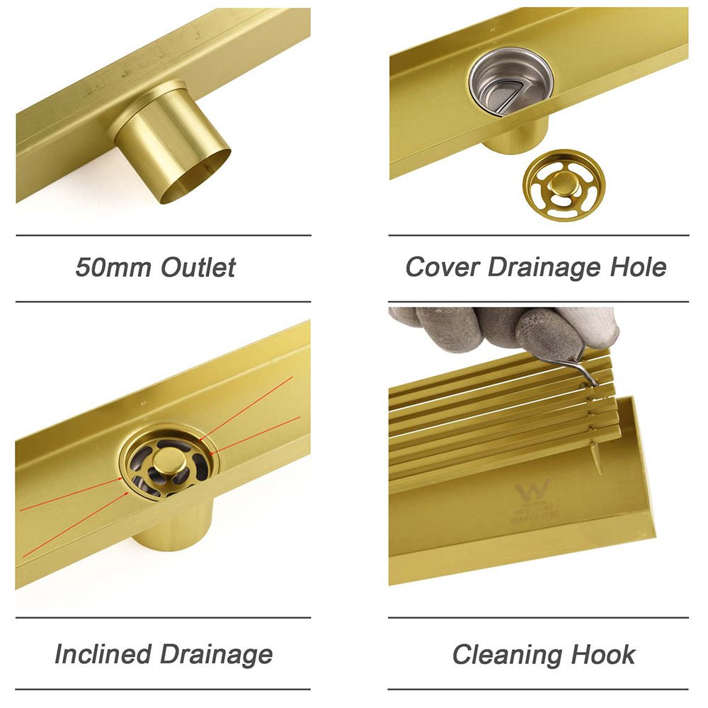 Brushed Gold Bathroom 800mm Strip Fence Long Shower Grate Floor Drain 50mm Waste - Furniture > Bathroom > Shower Heads & Screens - Rivercity House & Home Co. (ABN 18 642 972 209) - Affordable Modern Furniture Australia