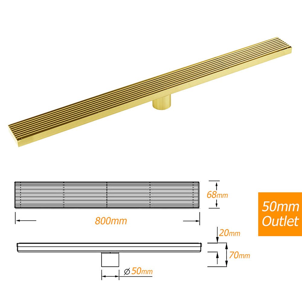 Brushed Gold Bathroom 800mm Strip Fence Long Shower Grate Floor Drain 50mm Waste - Furniture > Bathroom > Shower Heads & Screens - Rivercity House & Home Co. (ABN 18 642 972 209) - Affordable Modern Furniture Australia