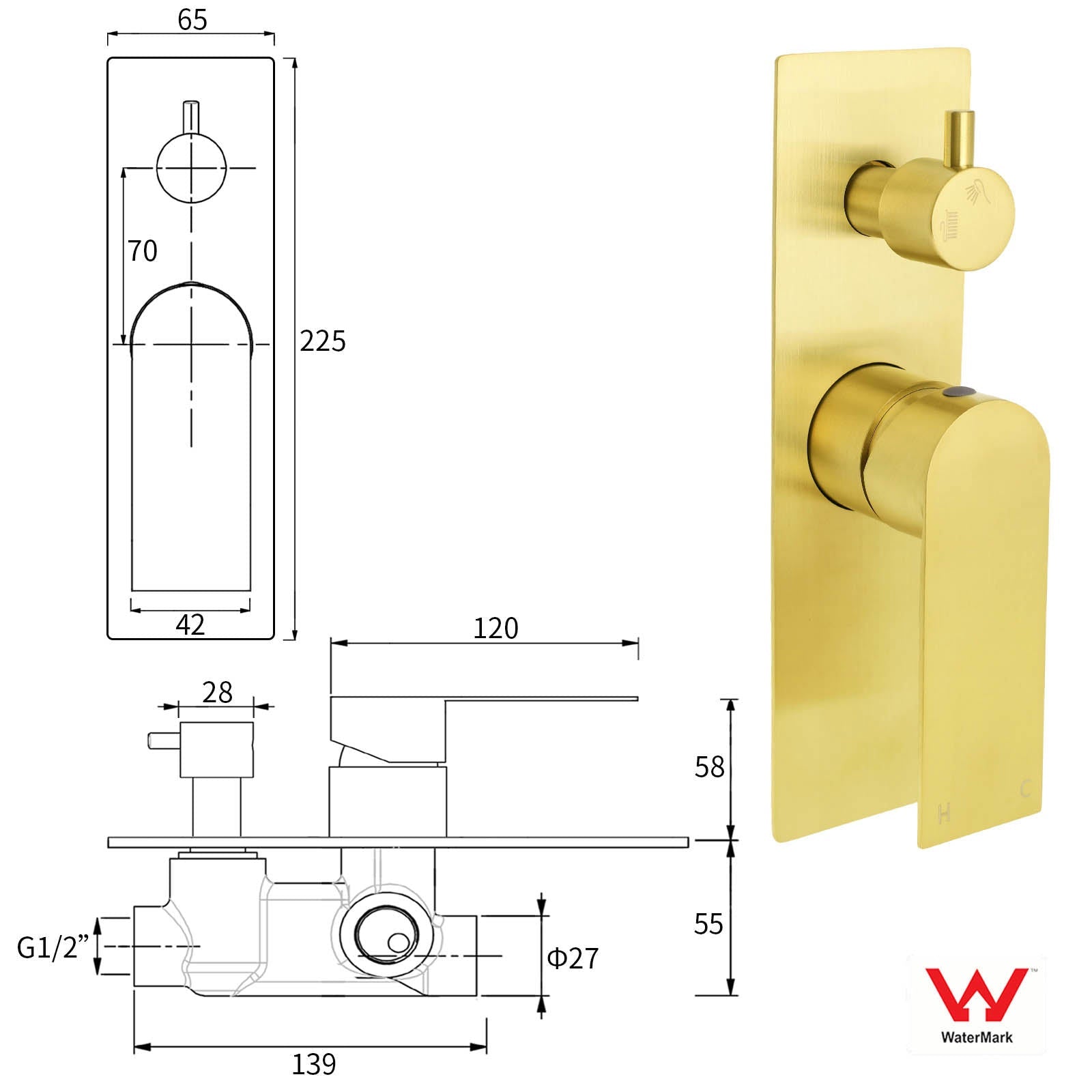 Brushed Gold Bathroom Square Concealed Shower Mixer Diverter Switch Wall Mounnt - Furniture > Bathroom > Shower Heads & Screens - Rivercity House & Home Co. (ABN 18 642 972 209) - Affordable Modern Furniture Australia