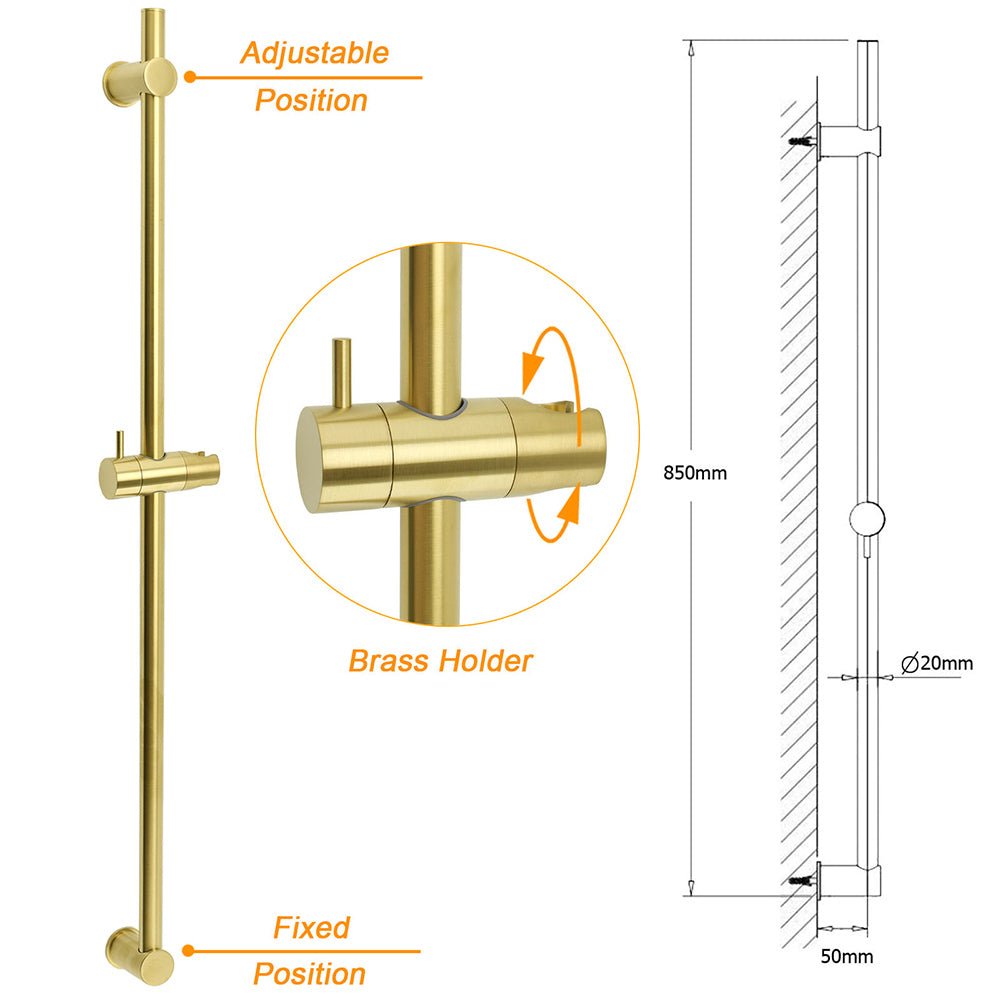Brushed Gold Brass 850mm Long Sliding Rail Bar Swivel Handheld Shower Holder Kit - Furniture > Bathroom > Shower Heads & Screens - Rivercity House & Home Co. (ABN 18 642 972 209) - Affordable Modern Furniture Australia