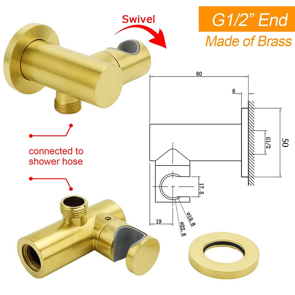 Brushed Gold Brass Handheld Shower Swivel Bracket Holder Water Inlet Elbow Connector Kit - Furniture > Bathroom > Shower Heads & Screens - Rivercity House & Home Co. (ABN 18 642 972 209) - Affordable Modern Furniture Australia