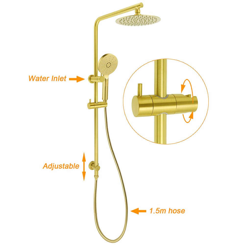 Brushed Gold Dual Shower Set 8" Round Head 3 Modes Handheld Sliding Rail Arm Twin Taps - Furniture > Bathroom > Shower Heads & Screens - Rivercity House & Home Co. (ABN 18 642 972 209) - Affordable Modern Furniture Australia