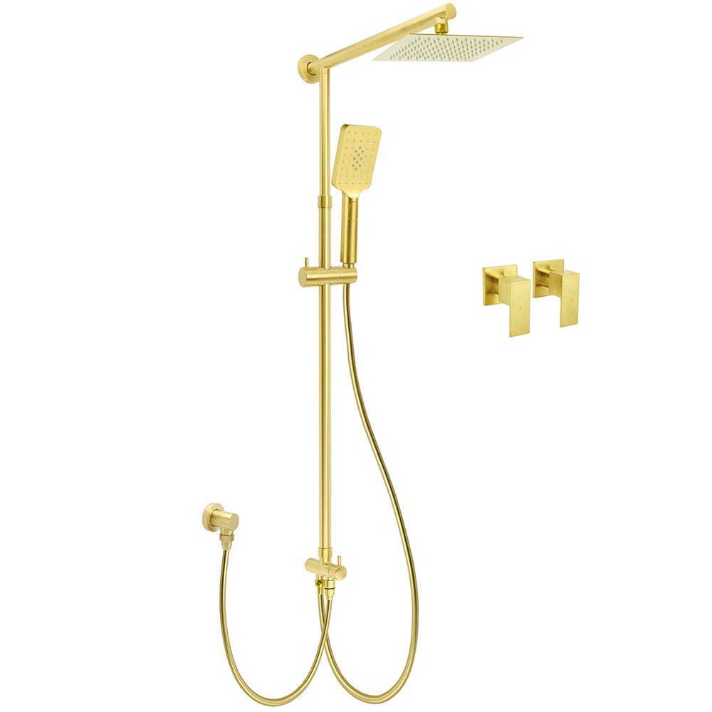 Brushed Gold Dual Square 8" Rain Shower Head 3 Mode Handheld Sliding Rail Arm Twin Taps Set - Furniture > Bathroom > Shower Heads & Screens - Rivercity House & Home Co. (ABN 18 642 972 209) - Affordable Modern Furniture Australia