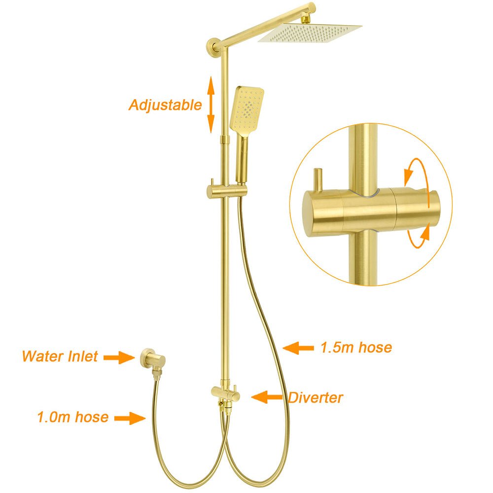 Brushed Gold Dual Square 8" Rain Shower Head 3 Mode Handheld Sliding Rail Arm Twin Taps Set - Furniture > Bathroom > Shower Heads & Screens - Rivercity House & Home Co. (ABN 18 642 972 209) - Affordable Modern Furniture Australia