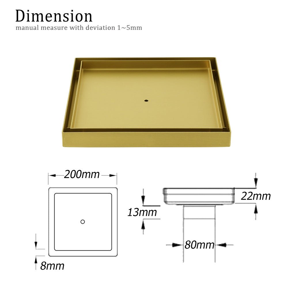 Brushed Gold Large 200mm Tile Insert Bathroom Floor Drain Grate 80mm Waste Outet - Furniture > Bathroom > Shower Heads & Screens - Rivercity House & Home Co. (ABN 18 642 972 209) - Affordable Modern Furniture Australia