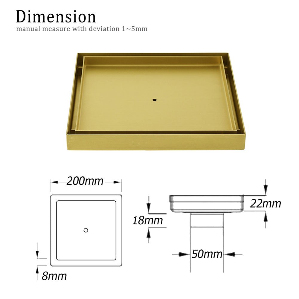 Brushed Gold Large 200mm Tile Insert Floor Drain Shower Grate 50mm Waste Outet - Furniture > Bathroom > Shower Heads & Screens - Rivercity House & Home Co. (ABN 18 642 972 209) - Affordable Modern Furniture Australia