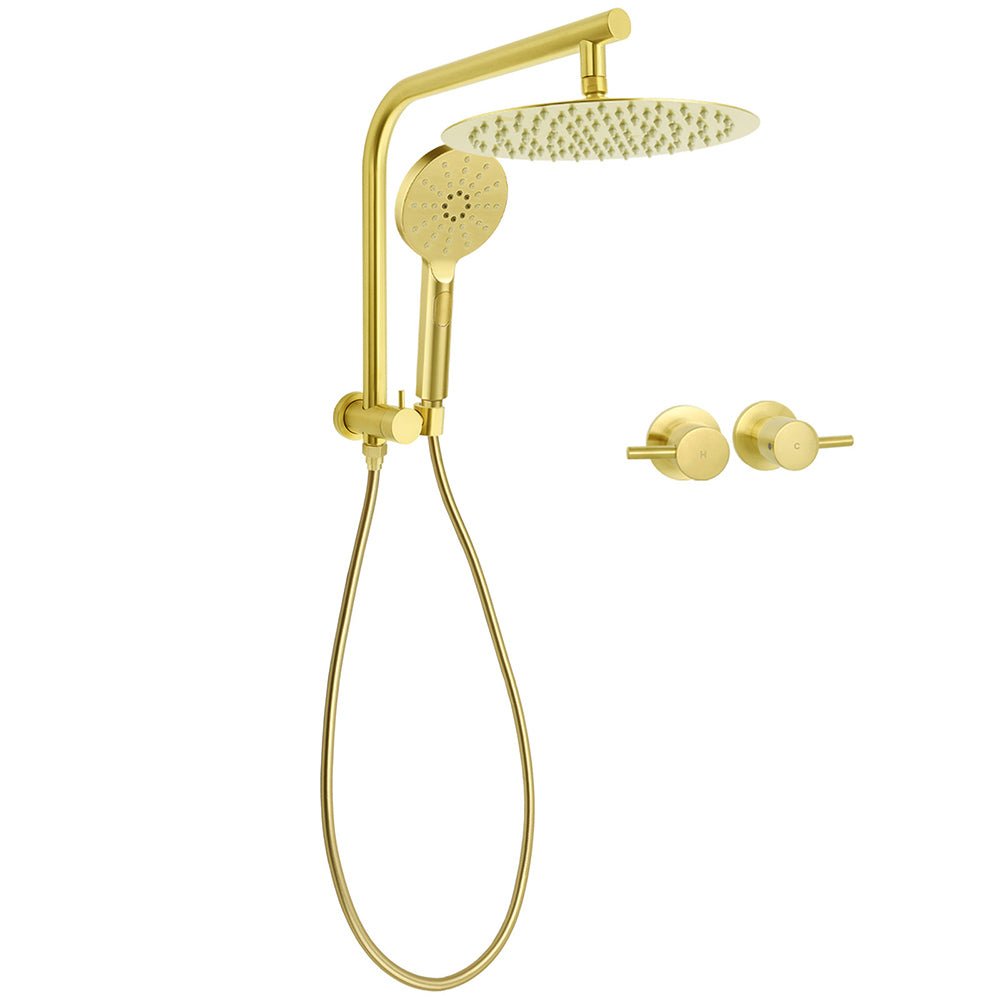 Brushed Gold Round Large 12" Rain Shower Head 3 Mode Handheld Gooseneck Arm Twin Taps Set - Furniture > Bathroom > Shower Heads & Screens - Rivercity House & Home Co. (ABN 18 642 972 209) - Affordable Modern Furniture Australia