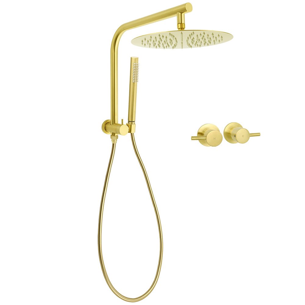 Brushed Gold Round Large 12" Rain Shower Head One Spray Handheld Rose Gooseneck Arm Twin Taps Set - Furniture > Bathroom > Shower Heads & Screens - Rivercity House & Home Co. (ABN 18 642 972 209) - Affordable Modern Furniture Australia