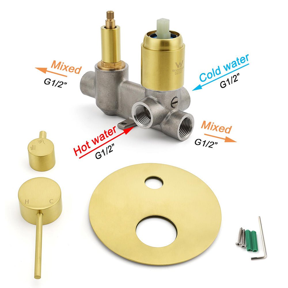 Brushed Gold Round Shower Mixer 2 Way Diverter For Bath Twin Shower Watermark - Furniture > Bathroom > Shower Heads & Screens - Rivercity House & Home Co. (ABN 18 642 972 209) - Affordable Modern Furniture Australia