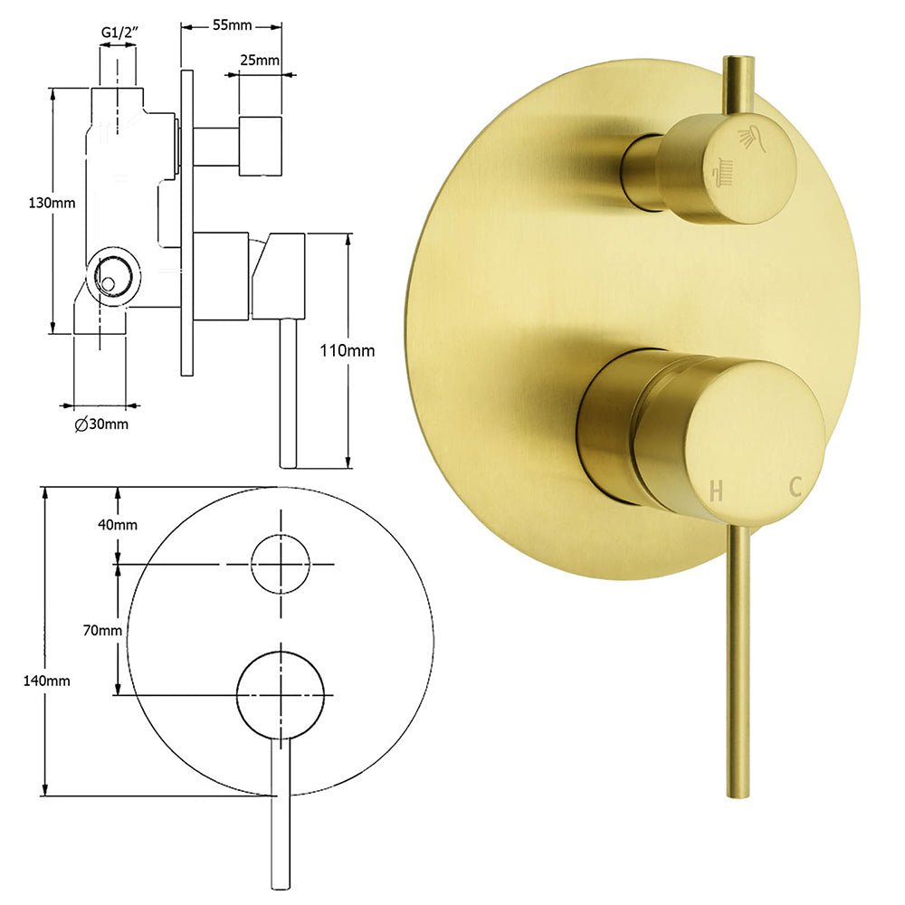 Brushed Gold Round Shower Mixer 2 Way Diverter For Bath Twin Shower Watermark - Furniture > Bathroom > Shower Heads & Screens - Rivercity House & Home Co. (ABN 18 642 972 209) - Affordable Modern Furniture Australia