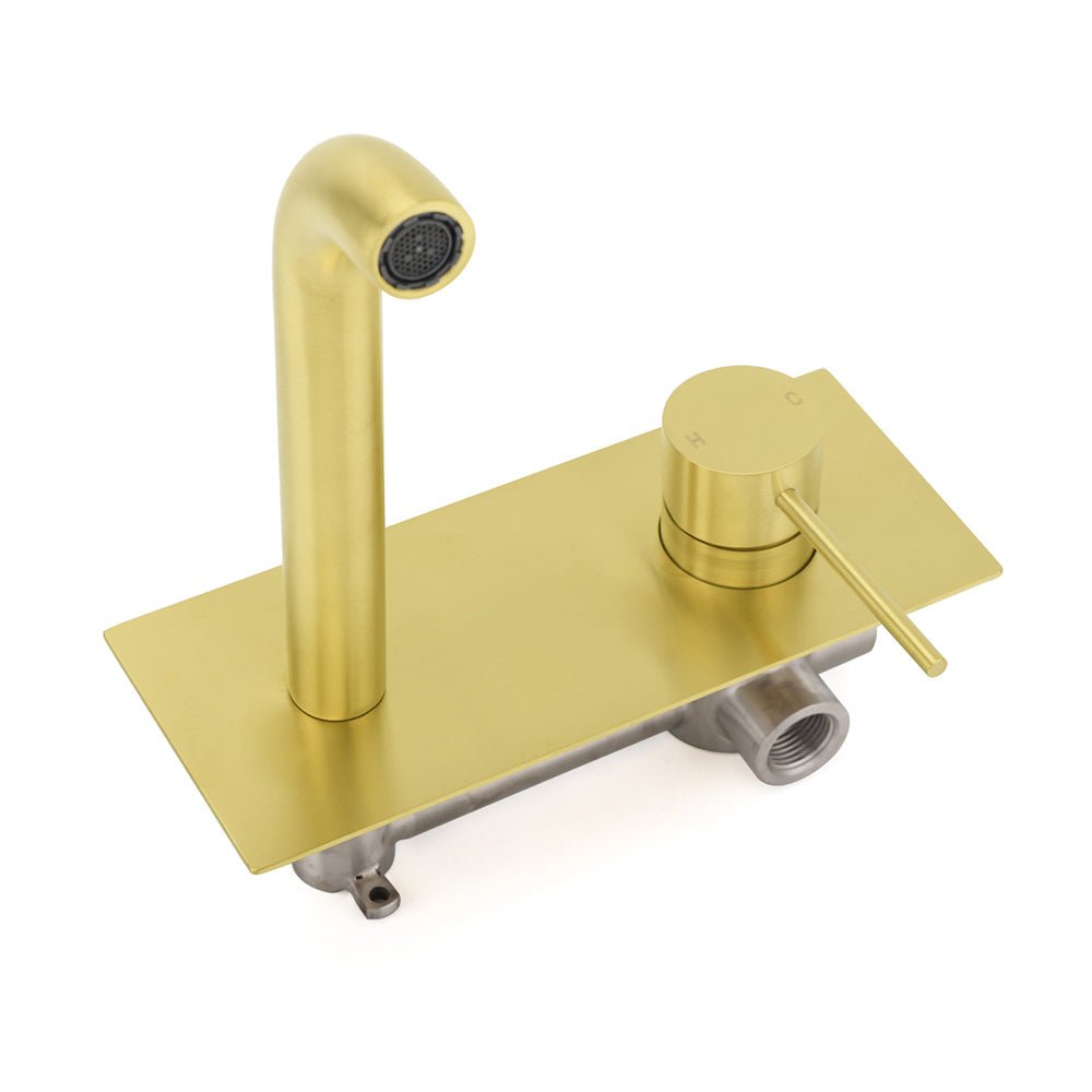 Brushed Gold Round Wall Mounted Basin Mixer Vanity Sink Tap Faucet Curve Spout - Furniture > Bathroom > Shower Heads & Screens - Rivercity House & Home Co. (ABN 18 642 972 209) - Affordable Modern Furniture Australia