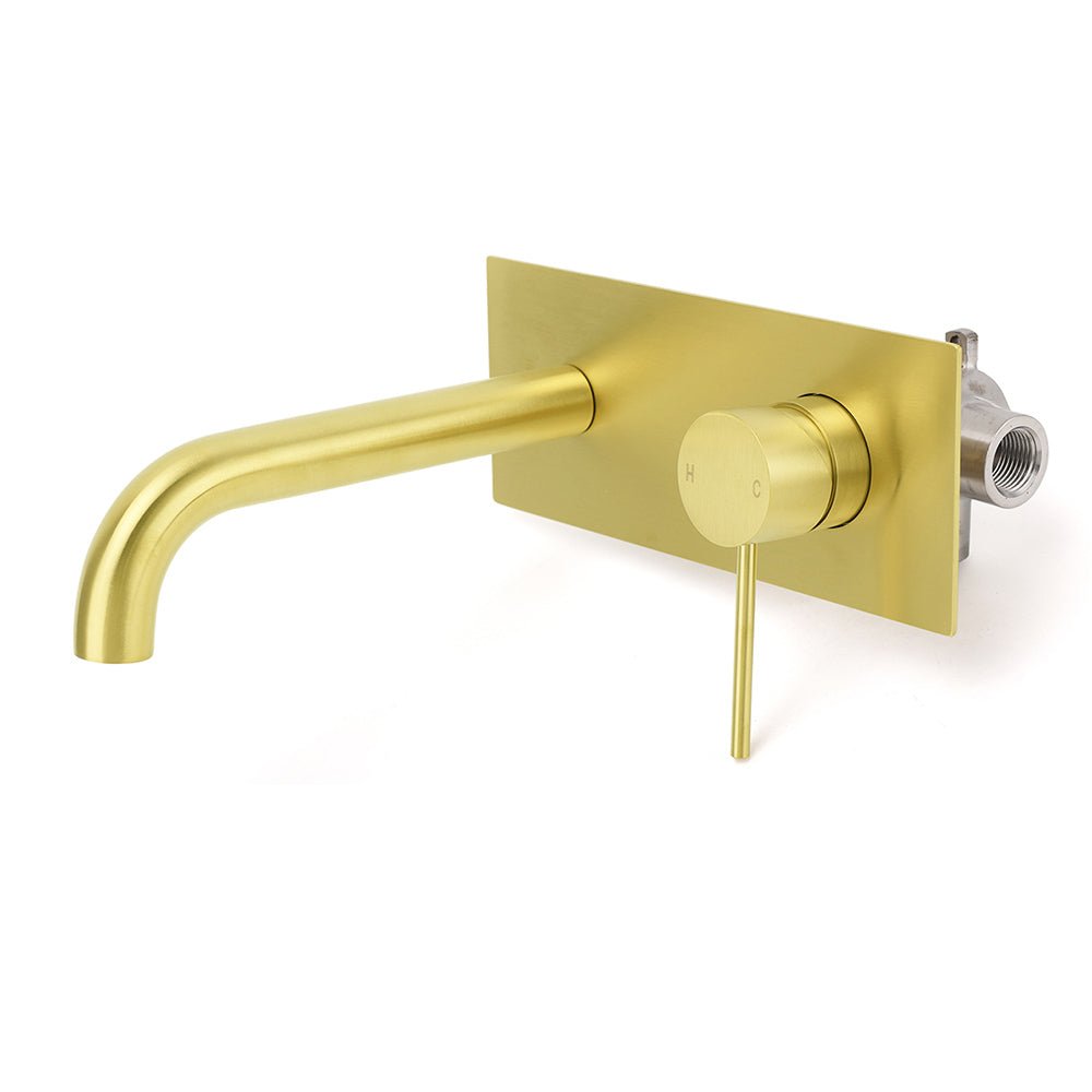 Brushed Gold Round Wall Mounted Basin Mixer Vanity Sink Tap Faucet Curve Spout - Furniture > Bathroom > Shower Heads & Screens - Rivercity House & Home Co. (ABN 18 642 972 209) - Affordable Modern Furniture Australia